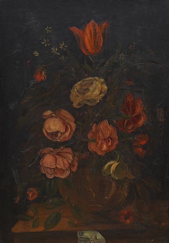 Early 20th century School, pair of oils on canvas, Still lifes of flowers, unsigned, 69 x 49cm. Condition - poor to fair